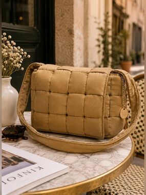 Alex Max Beige Woven Quilted Shoulder Bag | Designed in Italy